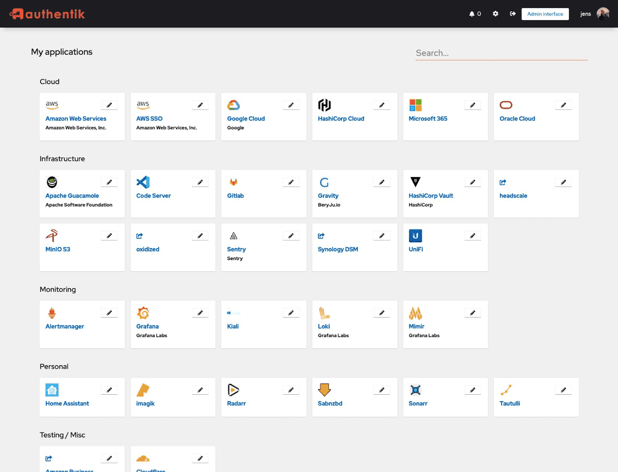 screenshot of authentik's library page